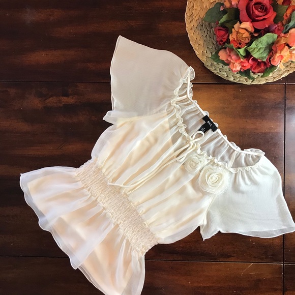 BCX Tops - Flutter Sleeve Sheer Chic Cream Blouse Top
